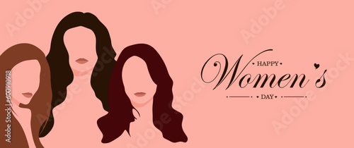 Happy women s day with minimal women portraits for horizontal banner and postcard. Silhouettes of women standing together with hand lettering Happy Women s day. Flat vector illustration