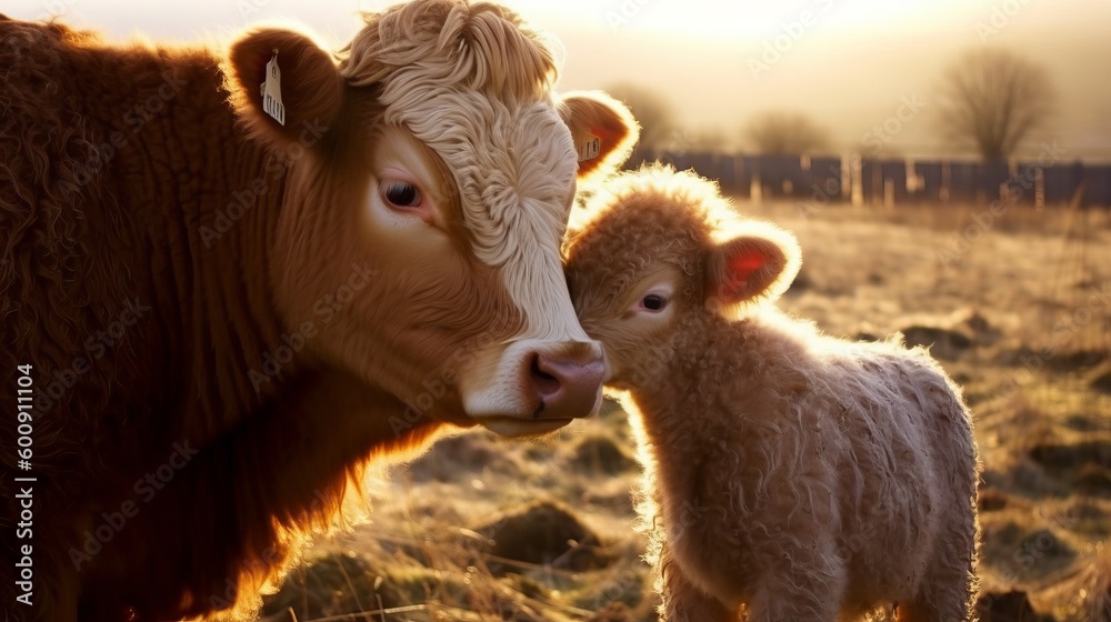 Obraz premium A friendly calf nuzzling against its mother. AI generated
