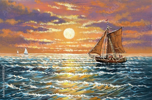 Oil paintings sea landscape, sailing ship in the sea. Fine art, artwork