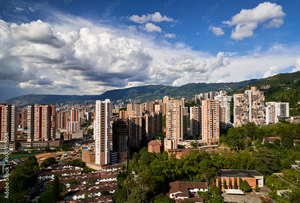 Scenic View of Medellin Colombia Skyline with Mountains in the Background 