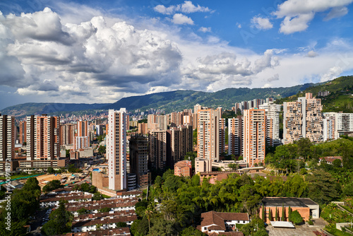 Scenic View of Medellin Colombia Skyline with Mountains in the Background 