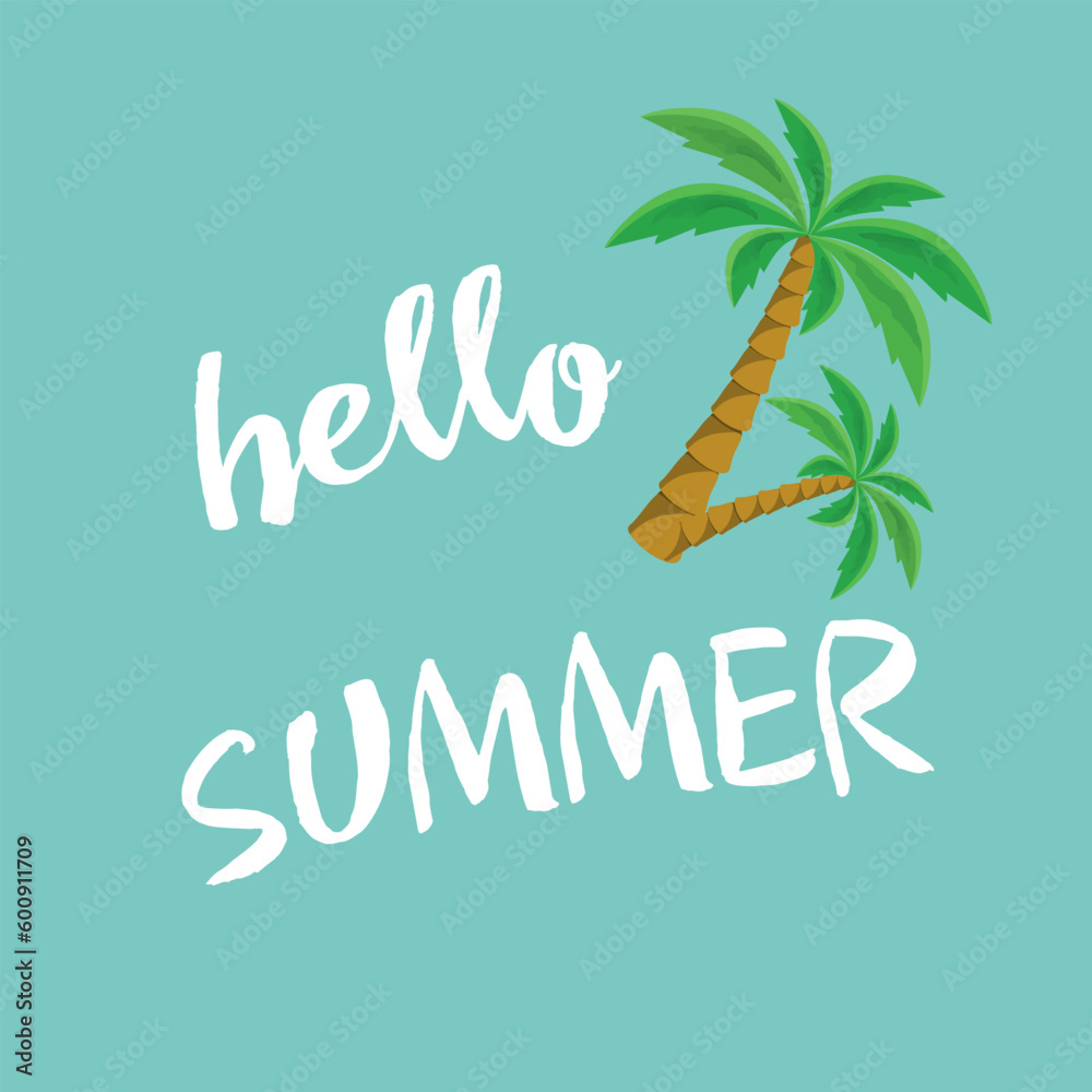 Hello summer! The inscription on a blue background with a palm tree. Vector greeting card hello summer.