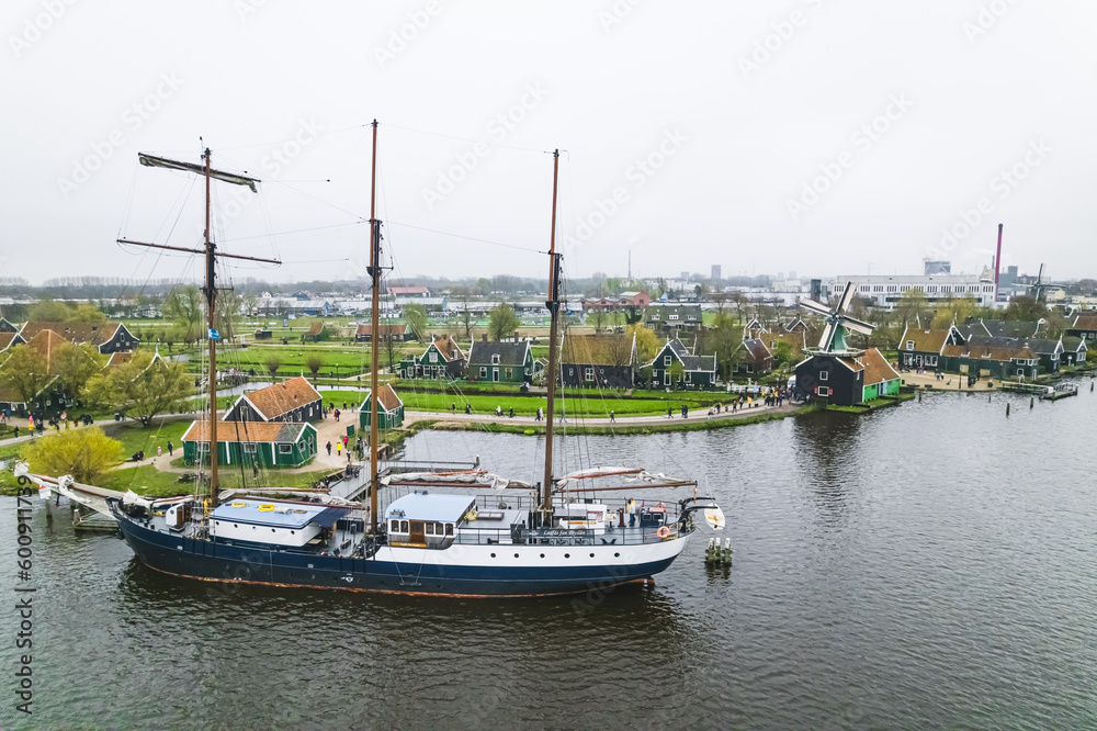 Moored sailboat on the water in Zaanse Schans, Holland. High quality photo