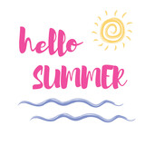 Hello summer! The inscription on a white background with the sun and the sea. Vector greeting card hello summer.