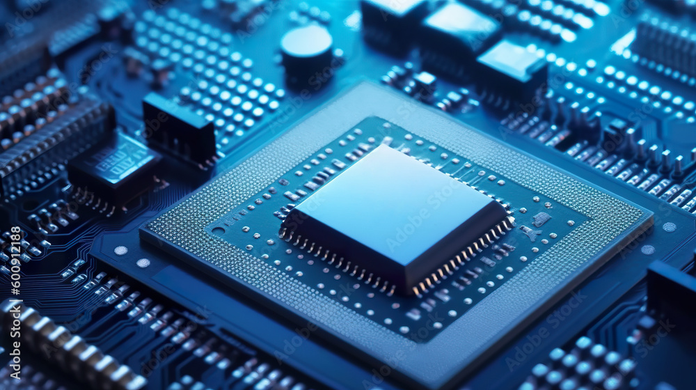 Circuit board in the technology backdrop in light and dark blue. Technology smart motherboard chip creative map. 3D realistic illustration. Generative AI Circuit board in the technology backdrop in light and dark blue. Technology smart motherboard chip creative map. 3D realistic illustration. Generative AI