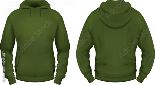 Template of blank khaki hoodie with pocket. Front and back views. Vector illustration.