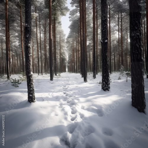 Walk path covered with snow in a winter forest. Rows of pine forest trees in the snow. Nowy forest. 3D realistic illustration. Generative AI