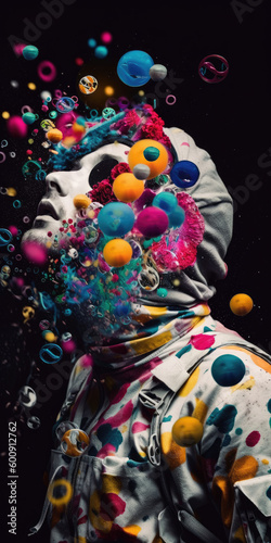 Modern Retro collage of a woman astronaut's face in a expressive retro style. Generative AI. Pink, orange, cyan, green.