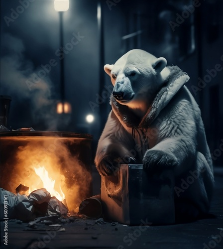 A Homeless Polar Bear Symbolizing Global Warming Generative AI