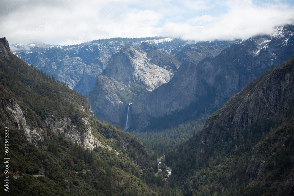 Yosemite NP, CA, USA - March 29, 2022:  Majestic views of granite formations, waterfalls, lakes and streams located within this popular destination.