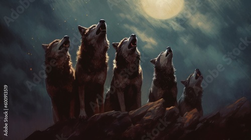 Canvastavla A group of wolves howling at the moon. AI generated