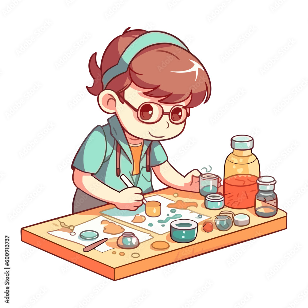 Cute cartoon boy painting with creativity and joy Cute cartoon boy painting with creativity and joy