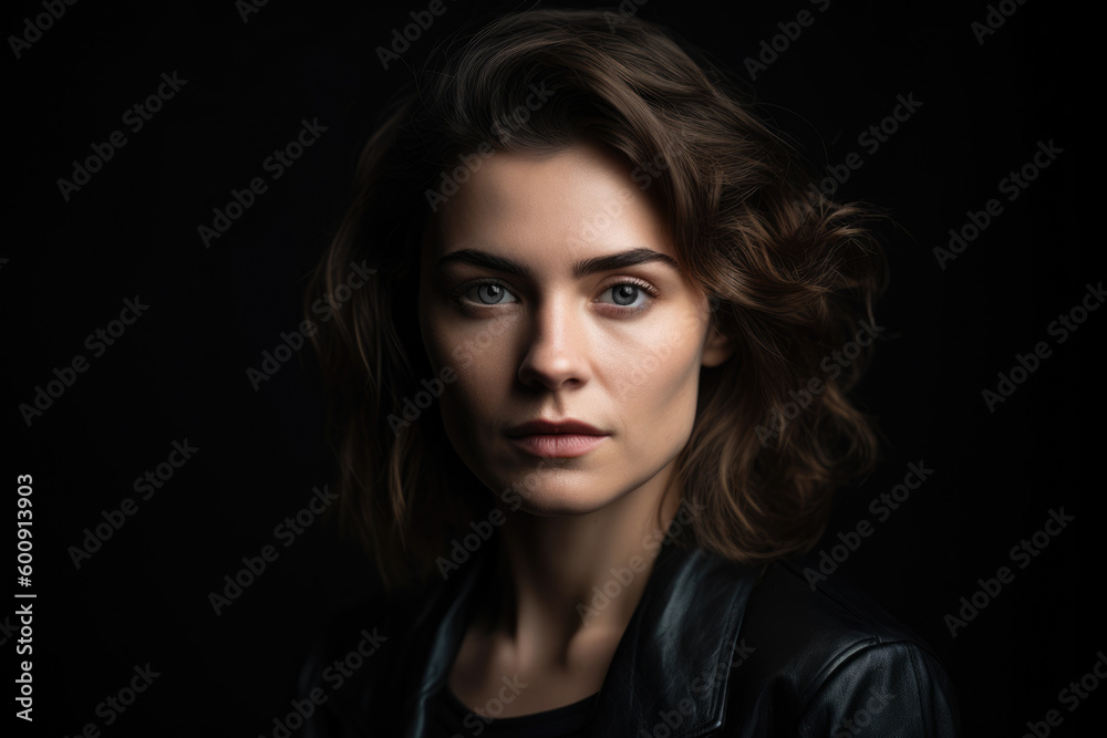 confident portrait of a woman in a studio environment with a bold and assertive pose and a smoldering gaze, generative ai