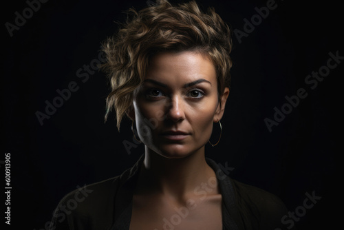 confident portrait of a woman in a studio environment with a bold and assertive pose and a smoldering gaze, generative ai