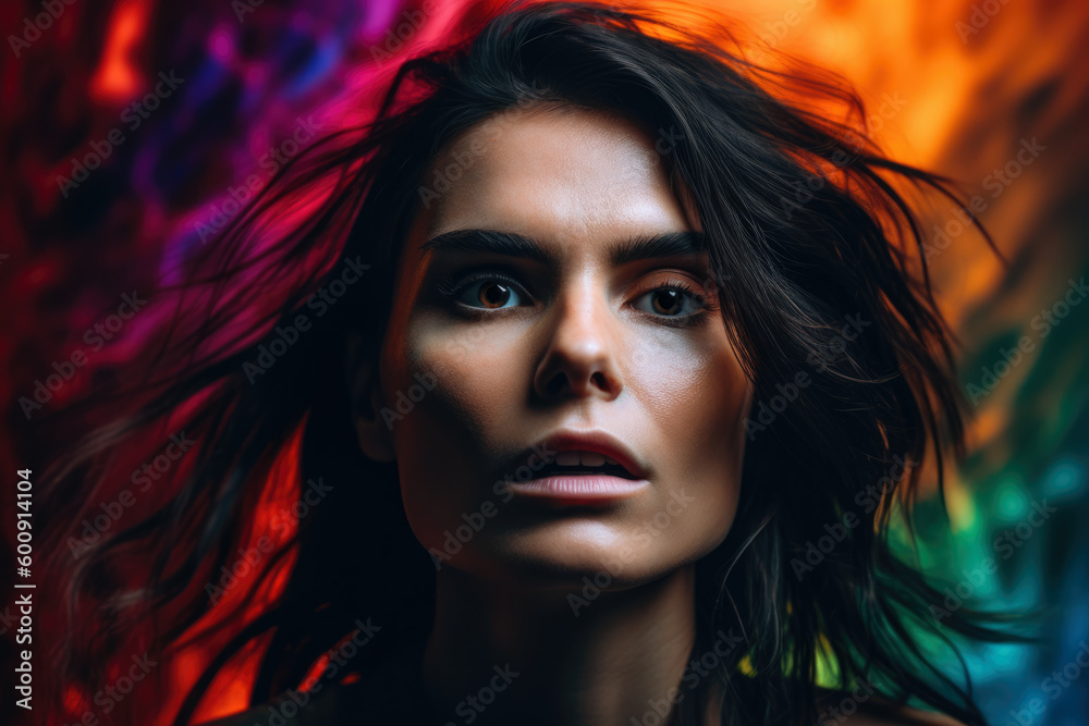 Empowering portrait of a woman with a fearful expression, set against a vibrant and colorful background, symbolizing strength and resilience, generative ai Empowering portrait of a woman with a fearful expression, set against a vibrant and colorful background, symbolizing strength and resilience, generative ai