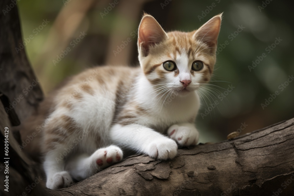 Kitten perched on a tree branch. Generative AI