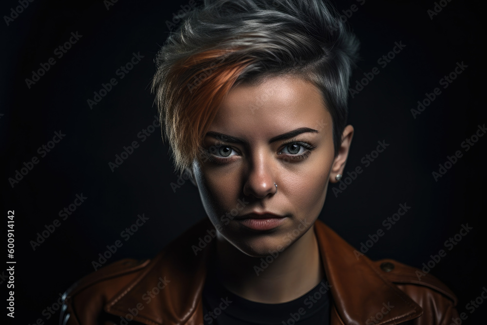 Empowering portrait of a woman with a fierce expression and bright eyes, expressing gratitude and determination, captured in a studio with edgy styling and bold contrasts, generative ai
