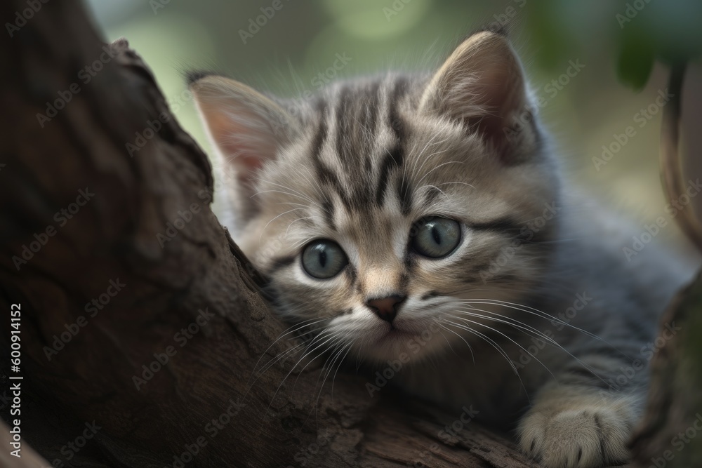 Fototapeta premium Kitten perched on a tree branch. Generative AI