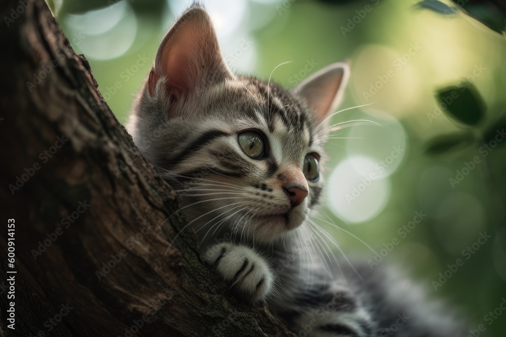 Fototapeta premium Kitten perched on a tree branch. Generative AI