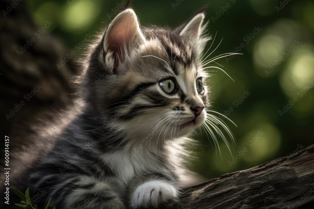 Fototapeta premium Kitten perched on a tree branch. Generative AI