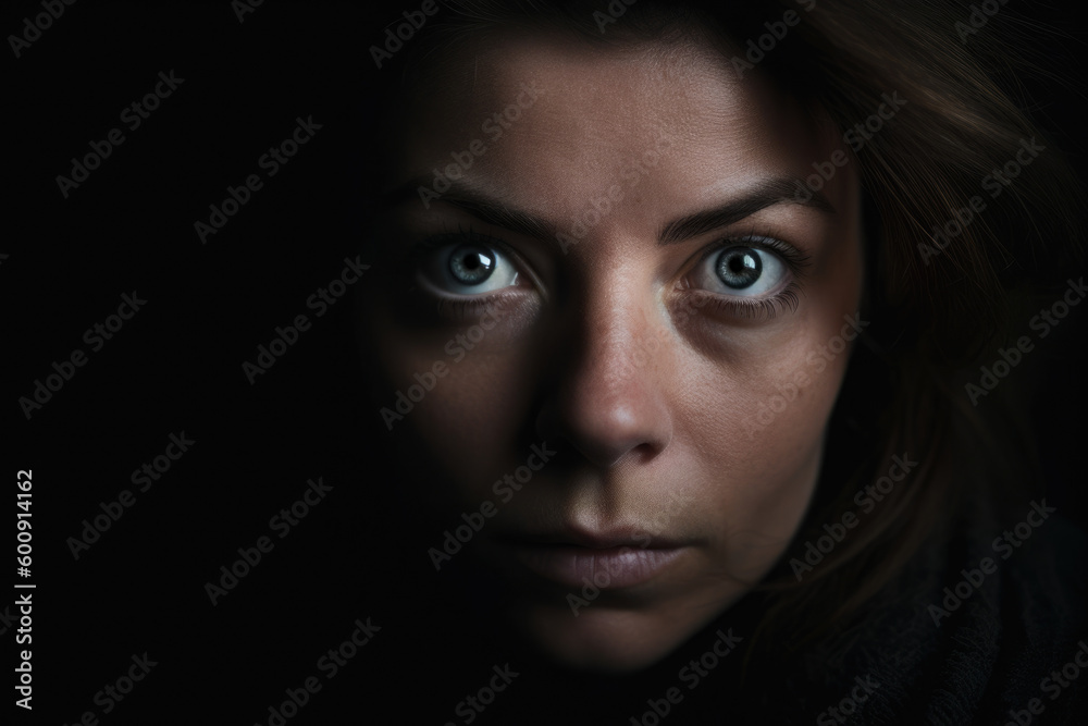 Enigmatic portrait of a woman with a frightened gaze and a blurred background, hinting at a hidden story and a sense of unease, generative ai Enigmatic portrait of a woman with a frightened gaze and a blurred background, hinting at a hidden story and a sense of unease, generative ai