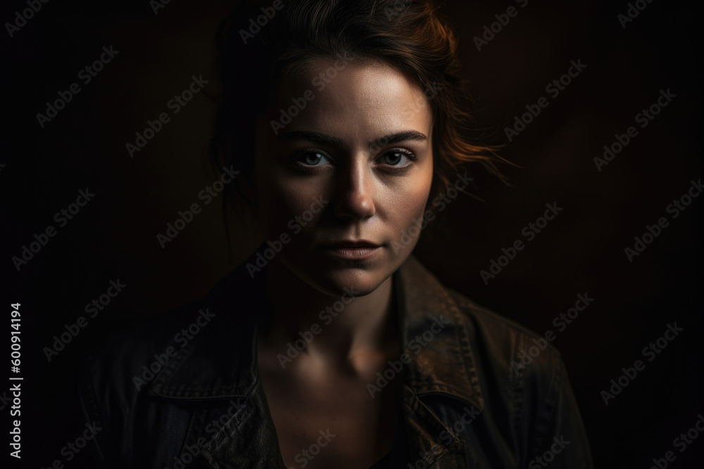 Envious portrait of a woman in a studio setup with a dark and moody atmosphere and an enigmatic expression on her face, generative ai