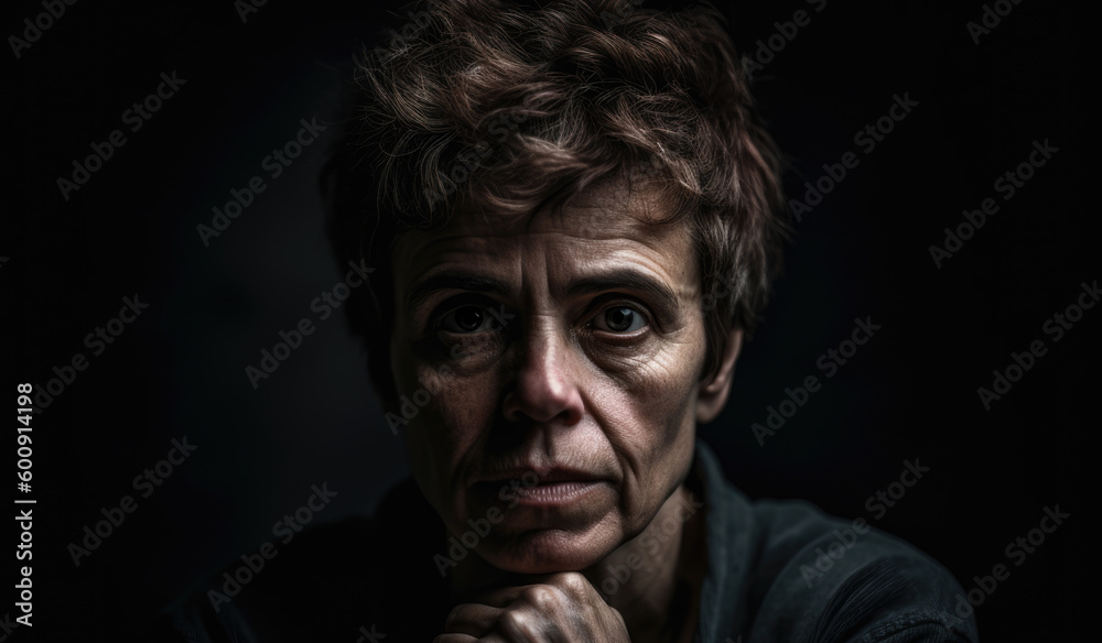 Evocative portrait of a woman with a scared expression and a moody background, suggesting a narrative and a sense of foreboding, generative ai