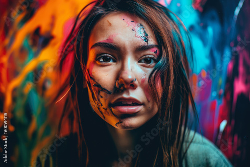 Empowering portrait of a woman with a fearful expression  set against a vibrant and colorful background  symbolizing strength and resilience  generative ai