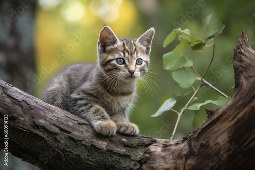 Kitten perched on a tree branch. Generative AI © Nutcha