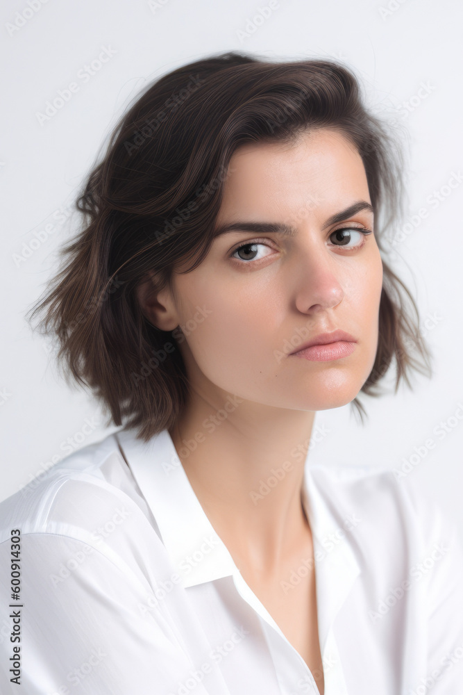 High-key studio portrait of a woman displaying a disappointed expression, surrounded by an ethereal, bright white background, generative ai High-key studio portrait of a woman displaying a disappointed expression, surrounded by an ethereal, bright white background, generative ai