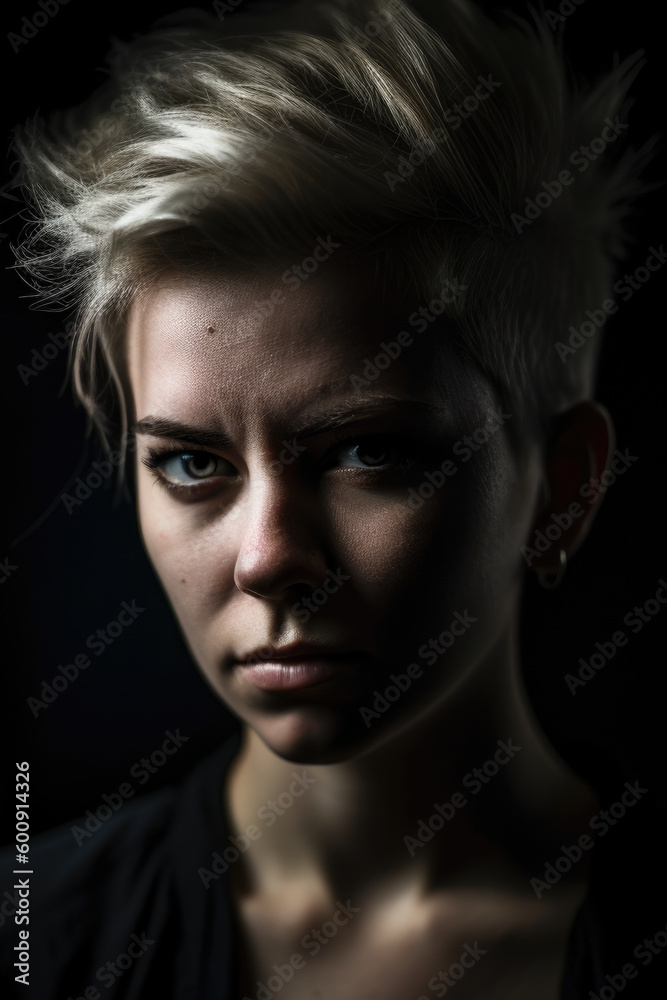 Intense female portrait showcasing anger and power in a minimalist studio setting with strong light and deep shadows, generative ai