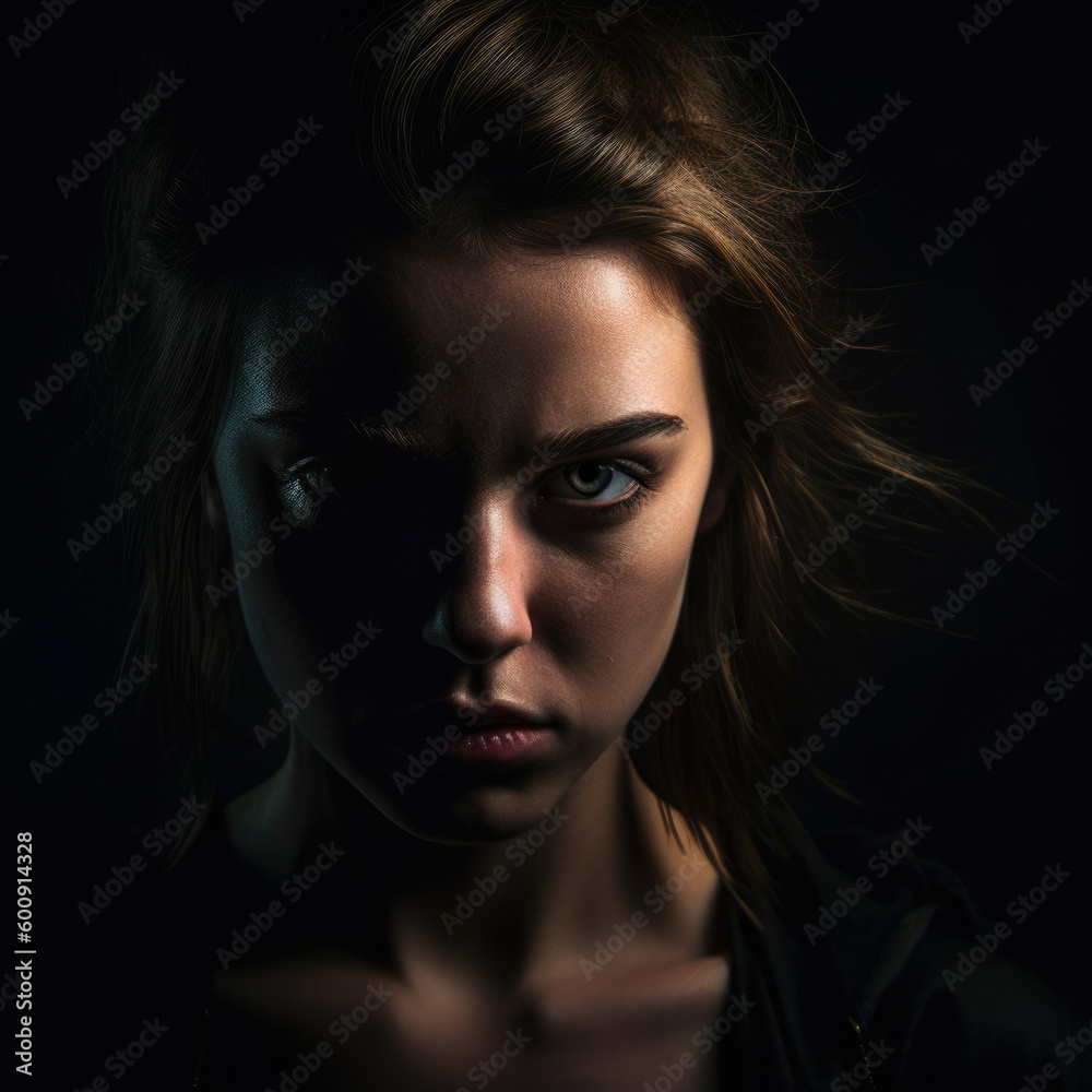 Intense female portrait showcasing anger and power in a minimalist studio setting with strong light and deep shadows, generative ai Intense female portrait showcasing anger and power in a minimalist studio setting with strong light and deep shadows, generative ai