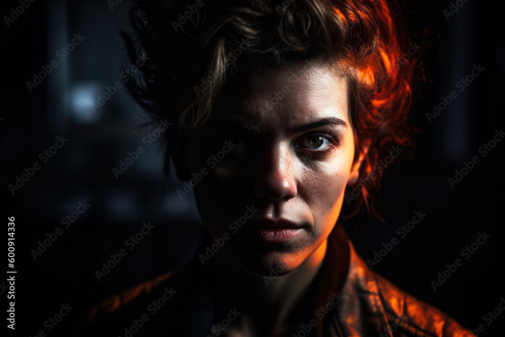 Intense portrait of a woman with a fiery gaze and an angry expression in a studio setting with deep shadows and contrasting light, generative ai Intense portrait of a woman with a fiery gaze and an angry expression in a studio setting with deep shadows and contrasting light, generative ai