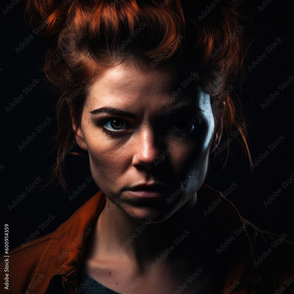 Intense portrait of a woman with a fiery gaze and an angry expression in a studio setting with deep shadows and contrasting light, generative ai Intense portrait of a woman with a fiery gaze and an angry expression in a studio setting with deep shadows and contrasting light, generative ai