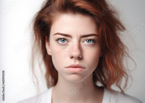 High-key studio portrait of a woman displaying a disappointed expression, surrounded by an ethereal, bright white background, generative ai