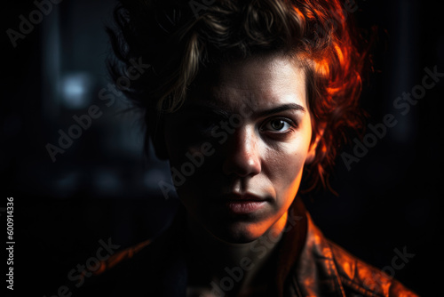 Intense portrait of a woman with a fiery gaze and an angry expression in a studio setting with deep shadows and contrasting light, generative ai