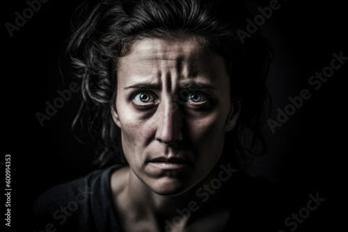 Intense portrait of a woman with a frightened look and a stark white background, emphasizing her emotions and inner turmoil, generative ai