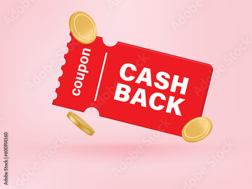 3D Gift voucher with coupon Cash back. For business promotion sales and Discount online purchases. Tag label, sale banner with golden coin cash back. 3d rendering.