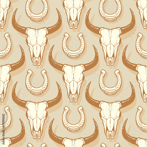 Vintage Cowboy Horseshoe and Cow Skull Seamless Vector Repeat Pattern