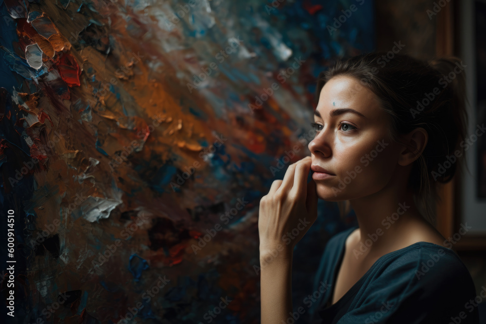 Obraz premium Melancholy Woman with a Half-Finished Painting, Reflecting on Unfulfilled Dreams, generative ai