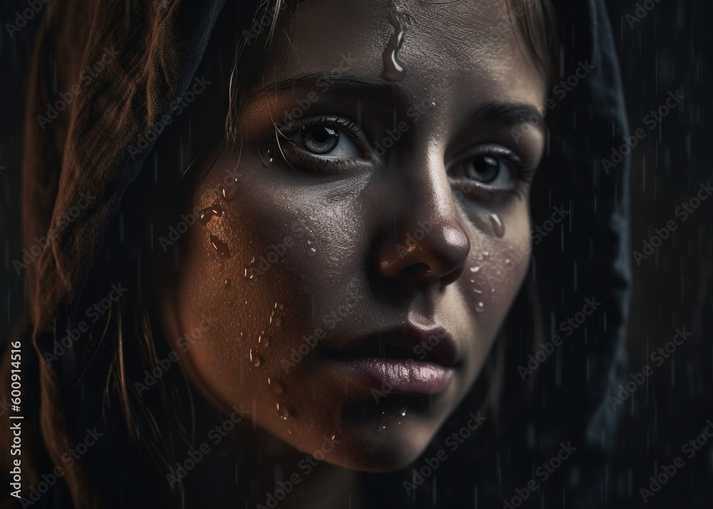 Melancholy Woman with Softly Falling Raindrops Reflecting Her Inner Turmoil, generative ai Melancholy Woman with Softly Falling Raindrops Reflecting Her Inner Turmoil, generative ai