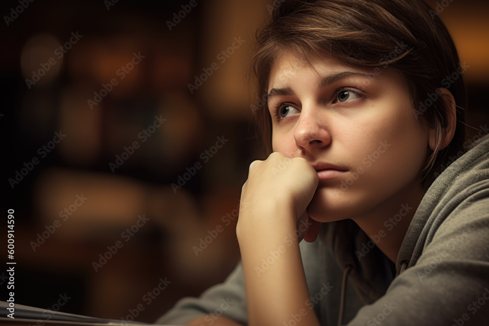 Overwhelmed student with a burdened expression, deep in thought, generative ai Overwhelmed student with a burdened expression, deep in thought, generative ai