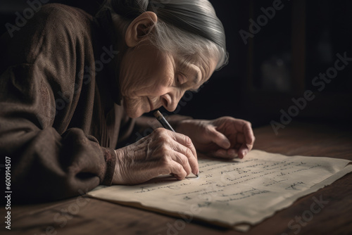 Melancholy Woman Tracing the Delicate Lines of a Poignant Handwritten Letter, generative ai