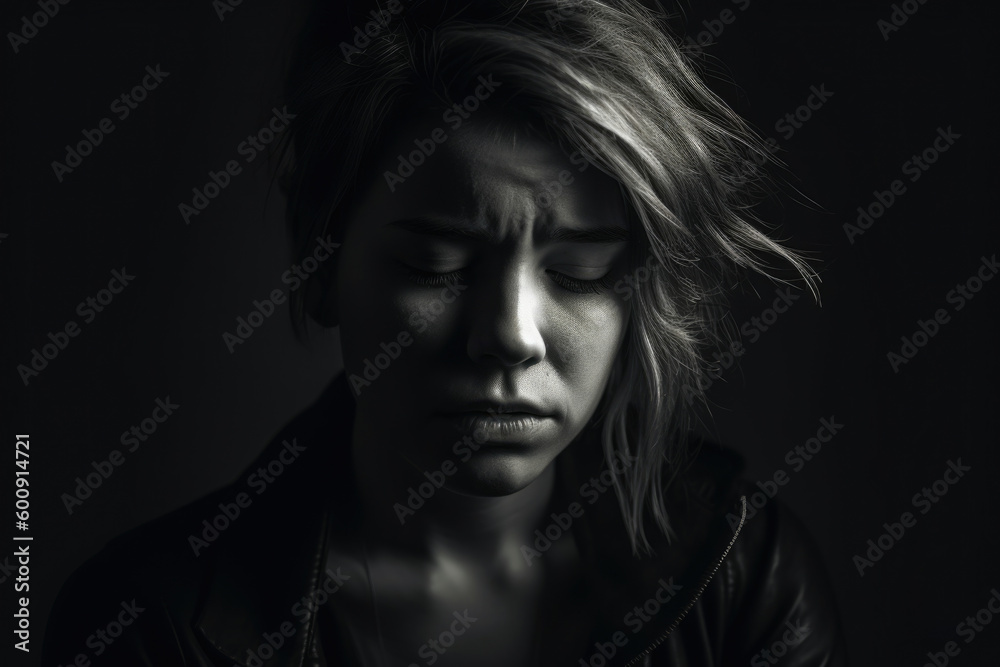 Portrait of a heartbroken woman captured in a dramatic and moody black and white image in a minimalist studio setting, generative ai