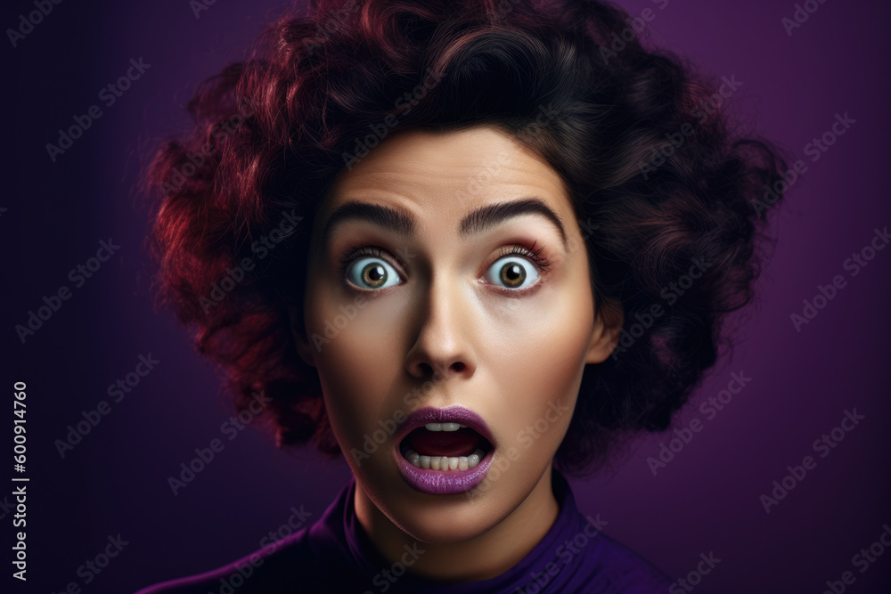 Portrait of a surprised woman with wide-open eyes and dropped jaw against a vibrant purple studio background, expressing astonishment and wonderment, generative ai