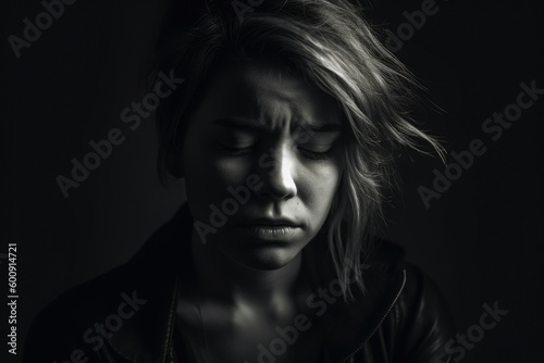 Portrait of a heartbroken woman captured in a dramatic and moody black and white image in a minimalist studio setting, generative ai