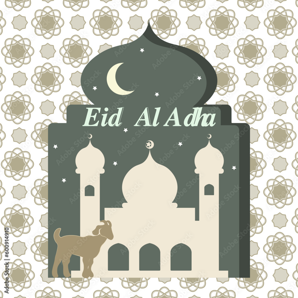 Eid al adha kareem festival. Greet card or poster Islamic event with mosque or masjid and goat silhouette