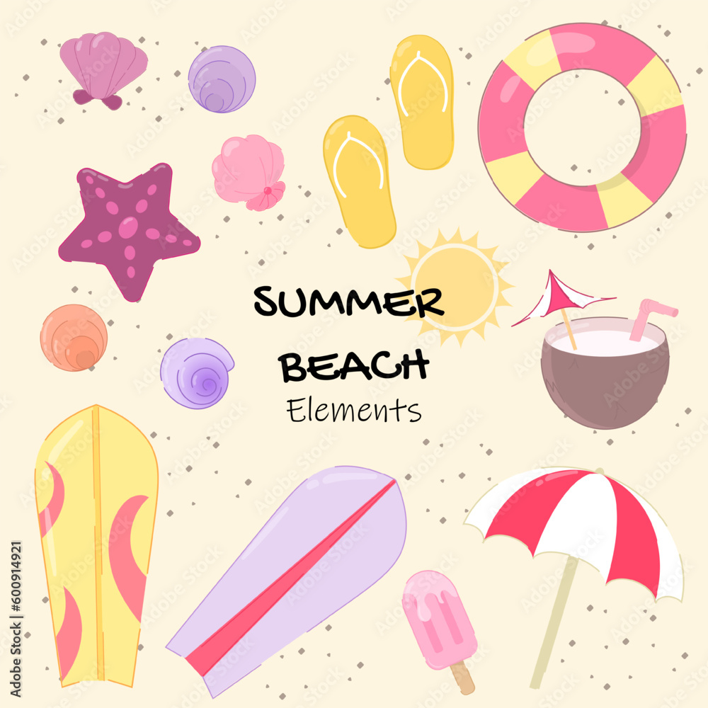 Flat design illustration of summer beach element collection with colorful shells, flip flops, surfboard, coconut, umbrella, and ice cream. Can be used for icons or posters Flat design illustration of summer beach element collection with colorful shells, flip flops, surfboard, coconut, umbrella, and ice cream. Can be used for icons or posters