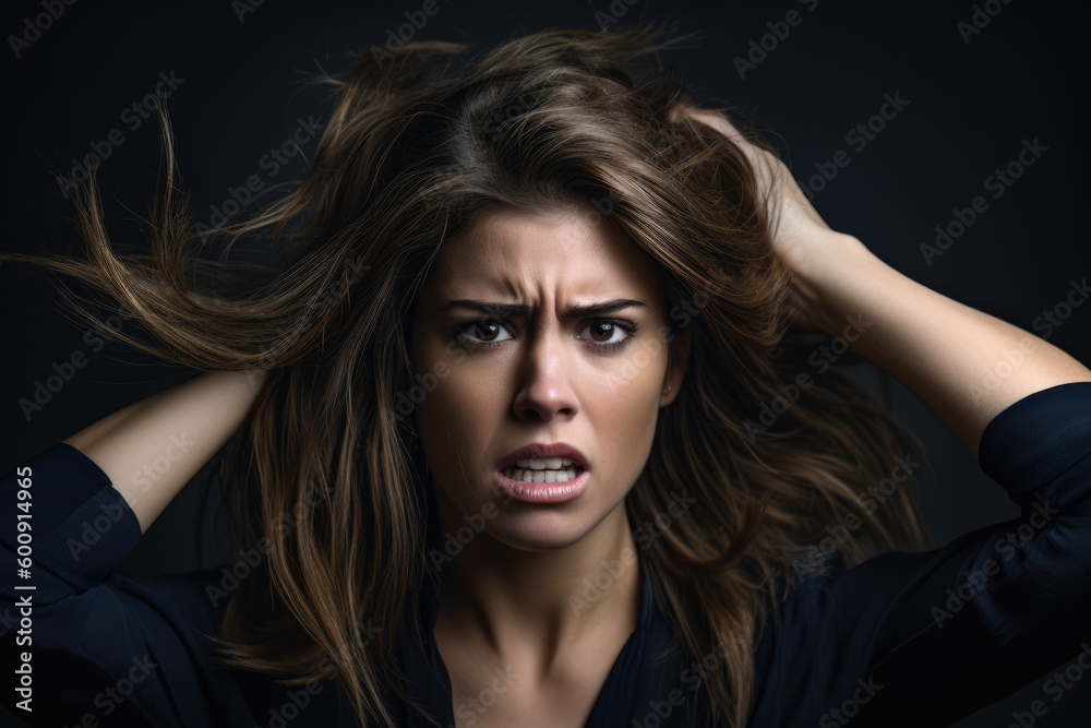 Portrait of a woman pulling her hair in frustration, with an exasperated expression, against a high-contrast studio background, generative ai Portrait of a woman pulling her hair in frustration, with an exasperated expression, against a high-contrast studio background, generative ai