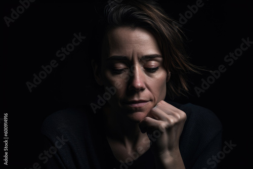 Portrait of a woman in a moment of emotional exhaustion, against a dark, moody studio background, generative ai